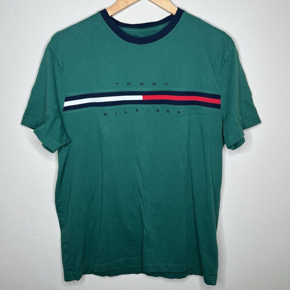 Tommy Hilfiger Signature Stripe T-Shirt Green Crew Neck Short Sleeve Mens Large